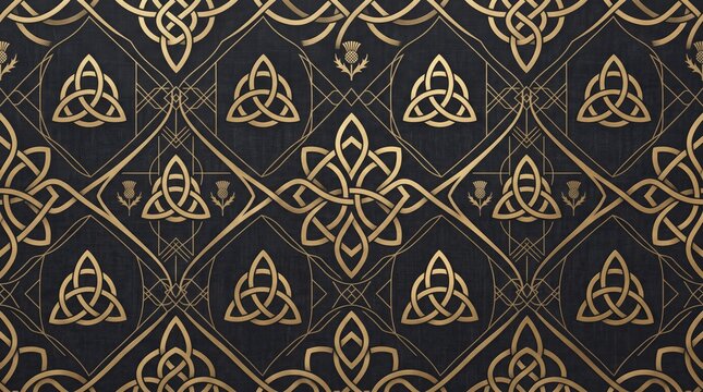Scotland pattern: gold celtic trinity knot triquetra design on dark textured background with scotland triquetra scottish