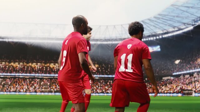 Blue soccer player shows ball control and dribble skill in attack action on pitch, dribbling past a red opponent in a dynamic one on one possession duel.