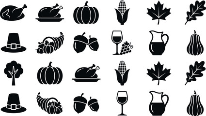 A collection of black thanksgiving holiday harvest icons on a white background representing food and harvest symbols © AhammadMiran99