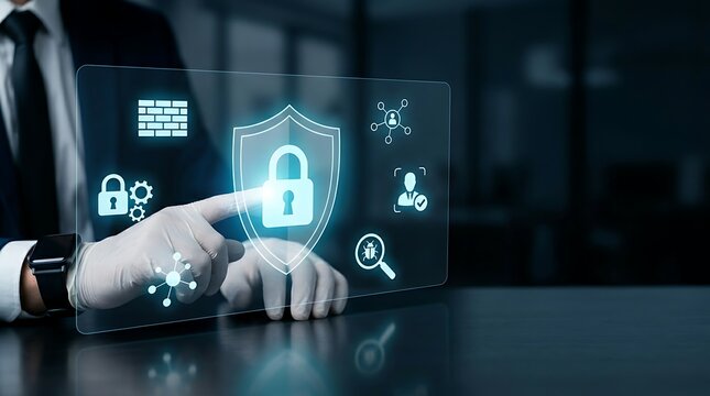 Professional hands touching glowing holographic shield and lock icon representing enterprise cybersecurity data protection and network security management.