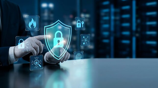 Professional hands touching glowing holographic shield and lock icon representing enterprise cybersecurity data protection and network security management.