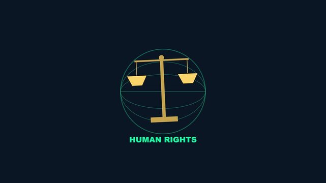Human rights concept animation with scales of justice symbol and global globe for legal, social equality, and ethical advocacy projects 4k