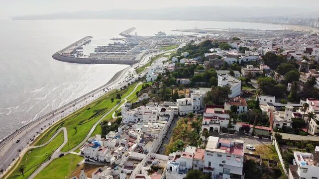 Aerial drone view of Tangier city skyline and coastline, Morocco