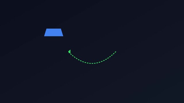 Minimalist blue trapezoid shape rotating with green dotted loading path animation on dark 4k background