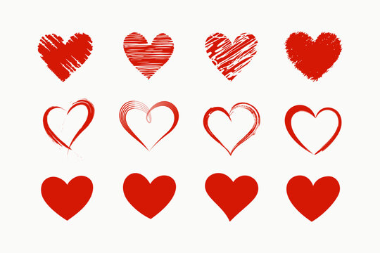 Red Heart Shapes Collection with Hand Drawn Grunge Brush, Line Art, and Solid Flat Vector Icons for Valentine Day and Wedding Design