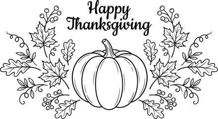 Hand drawn happy thanksgiving text with a central pumpkin and autumnal leaf and berry borders © AhammadMiran99