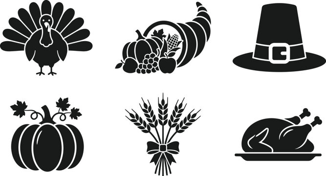 Set of traditional Thanksgiving holiday icons including turkey pumpkin cornucopia and pilgrim hat
