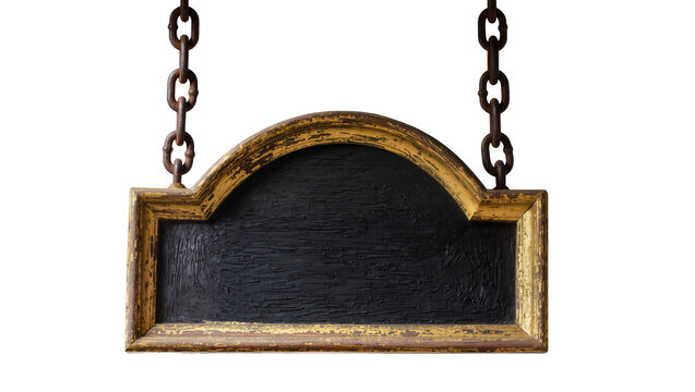 Isolated vintage blank chalkboard sign with a gold frame suspended by old metal chains