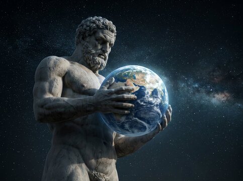 Ancient muscular stone statue of Atlas holding a glowing blue earth globe against a deep dark starry night space background