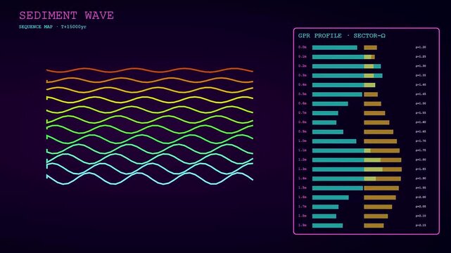 Digital soil sequencing data displayed as a series of animated graphic wave line charts with blue teal and amber bars showing geological layer growth over time