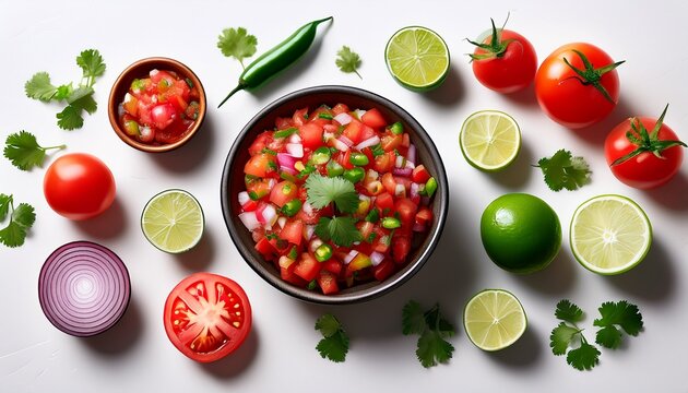 A Dynamic Flat Lay Shot Of Pico De Gallo In A Small Bowl Surrounded By Fresh Ingredients Like Tomatoes Onions And Limes Arranged On A Pristine White Canvas