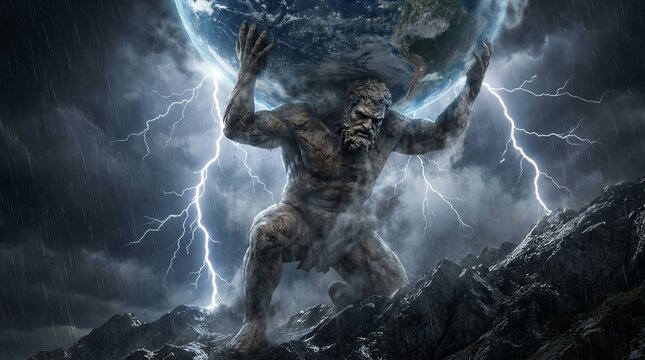 Powerful stone titan Atlas holds the heavy planet earth above his head during a dramatic stormy night with bright lightning