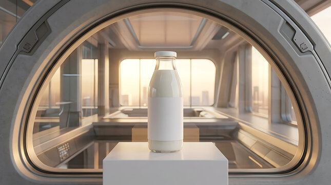 Clear Glass Milk Bottle with Blank Label Displayed on Pedestal Inside Futuristic Sci Fi Interior Environment