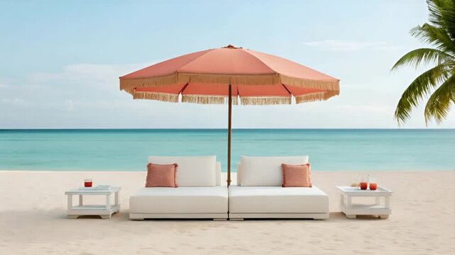Luxury beach lounge set with white daybeds and peach fringe umbrella