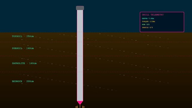 A digital representation of soil sequencing displayed in a three stage breakdown showing underground drill activity and telemetry data logs across a dark screen panel