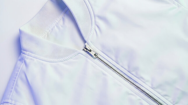 Close up view of a white bomber jacket zipper and collar detail a studio shot with soft lighting