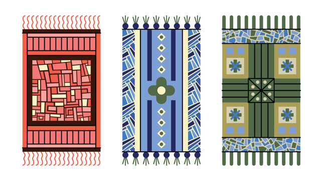Colorful vector set of designs of carpets, towels and bedspreads with textures, patterns with geometric motifs. Fragments of frescoes and mosaics with the effect of broken glass, terrazzo and marble. 