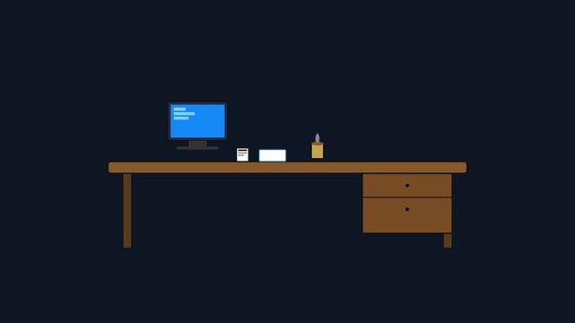 Minimalist office desk animation with computer monitor and accessories on dark 4k background