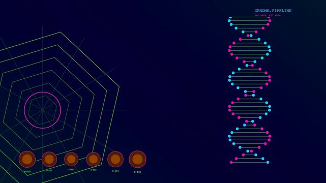 Digital soil sequencing visualization featuring a rotating double helix strand of genetic code layered over an intricate geometric hexagonal grid pattern displayed on a screen