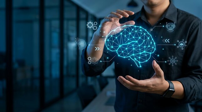 Technology executive interacting with holographic artificial intelligence neural network icon for enterprise AI automation and intelligent workflow management solutions.