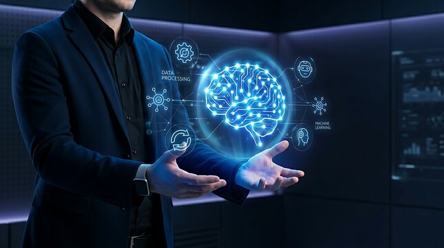 Technology executive interacting with holographic artificial intelligence neural network icon for enterprise AI automation and intelligent workflow management solutions.