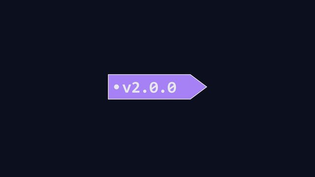 Minimalist software version 2.0.0 label animation on dark 4k background, for tech ui, v2.0.0 update release