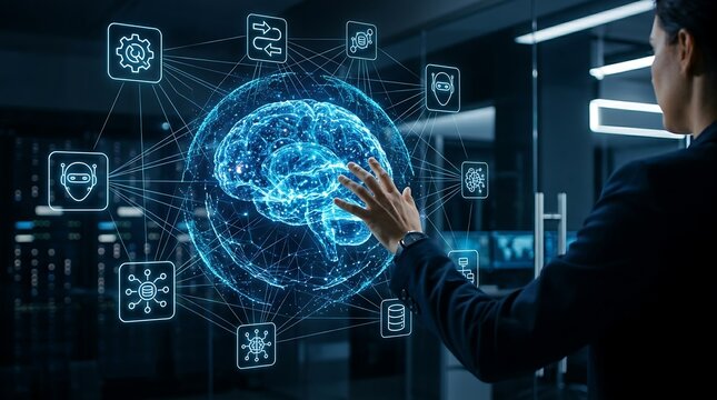 Technology executive interacting with holographic artificial intelligence neural network icon for enterprise AI automation and intelligent workflow management solutions.