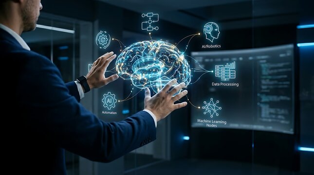 Technology executive interacting with holographic artificial intelligence neural network icon for enterprise AI automation and intelligent workflow management solutions.