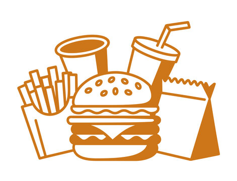 Fast food assortment including burger fries, drinks,s and packaging on a transparent background, cheeseburger frenchfries