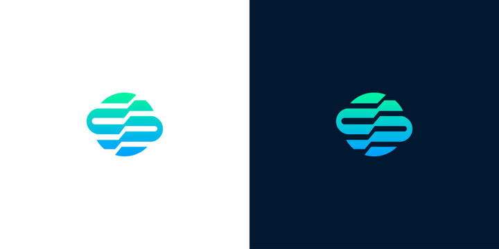 Abstract circular logo design with interconnected segments in a gradient of blue and green tones on white and dark backgrounds