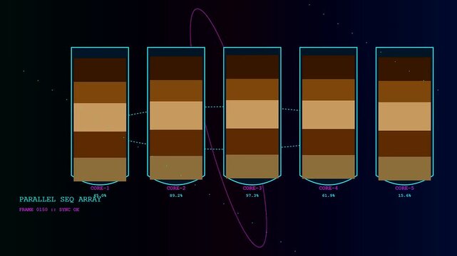 Soil sequencing shown through digital bar graphs displaying fluctuating data metrics across five distinct columns in a dark virtual interface for advanced environmental monitoring research systems