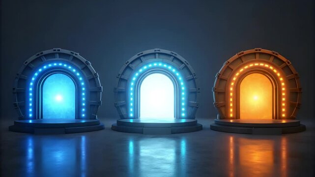 Three futuristic glowing portals standing on a reflective floor