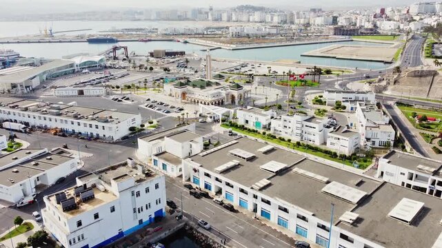 Aerial drone view of Tangier city skyline and coastline, Morocco