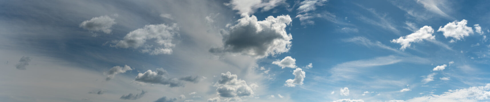 Panorama of summer blue sky with white cumulus and cirrus clouds
