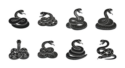 Collection of striking black and white snake illustrations, showcasing various curled and ready-to-strike poses, perfect for reptilian and wildlife-themed designs © Mewtwo