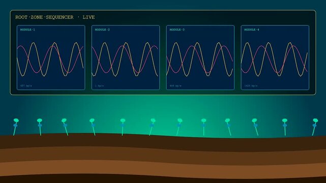 Soil sequencing displays show digital graphs of plant root activity with underground sensors monitoring biological growth cycles across diverse environmental earth terrains during a simulated study