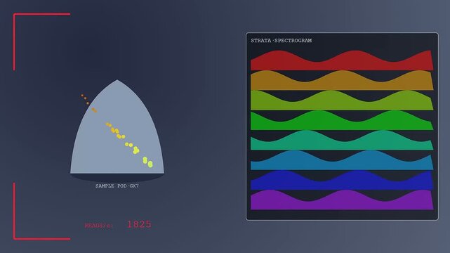Digital displays showing soil sequencing data with rhythmic wave patterns and scattering points flickering in real time during a complex scientific analysis of geological earth samples