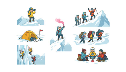 Fototapeta premium Mountaineers and climbers vector characters set hiking in snow mountains isolated on white background