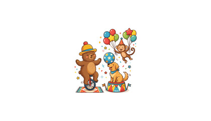 Fototapeta premium Cute circus animals vector illustration set with bear monkey and dog performing tricks with balloons