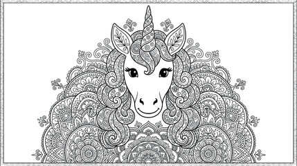 Intricate unicorn mandala vector portrait with a detailed curly abstract mane and mystical floral patterns for adult fantasy coloring book page © MstBizly