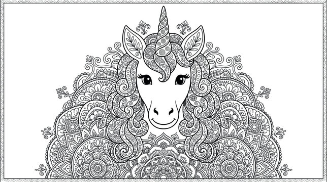 Intricate unicorn mandala vector portrait with a detailed curly abstract mane and mystical floral patterns for adult fantasy coloring book page