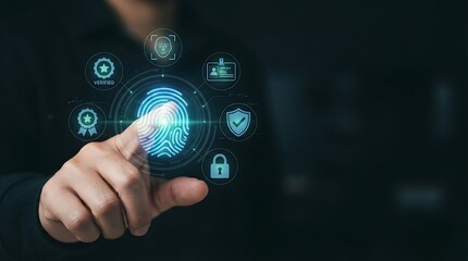 Fototapeta premium Anonymous professional hand with glowing holographic fingerprint icon representing biometric identity verification and digital authentication for enterprise access management.