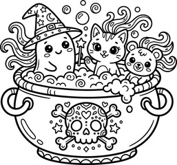 Cute cartoon Halloween witch cauldron vector illustration featuring a friendly ghost cat and teddy bear with sugar skull ornament for kids coloring book