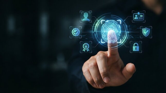 Anonymous professional hand with glowing holographic fingerprint icon representing biometric identity verification and digital authentication for enterprise access management.