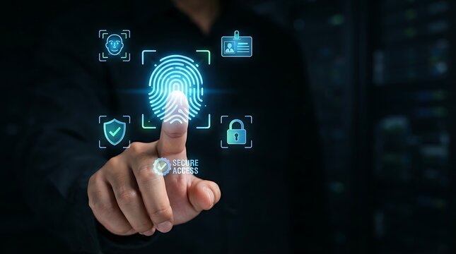 Anonymous professional hand with glowing holographic fingerprint icon representing biometric identity verification and digital authentication for enterprise access management.