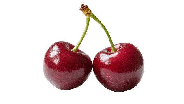 Isolated fresh ripe red cherries on a stem, delicious sweet vibrant summer fruit snack.