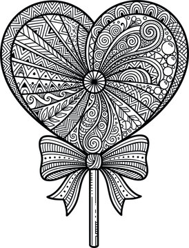 Intricate heart shape lollipop vector illustration with detailed abstract paisley patterns and decorative ribbon bow for adult coloring book isolated on white background