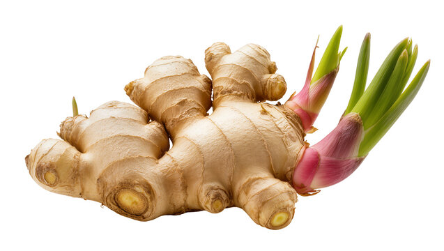 Isolated fresh ginger root with green sprouts showing new growth, healthy organic cooking ingredient