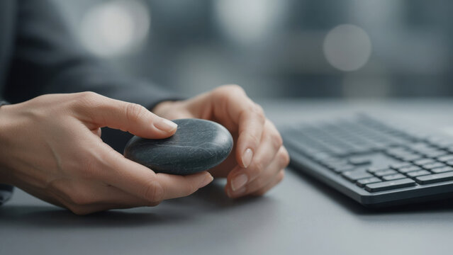 Calm work stress relief stone office, hand massage rock by computer keyboard for focus and relaxation concept, closeup female finger touch smooth surface Neurodivergent adult at work concept
