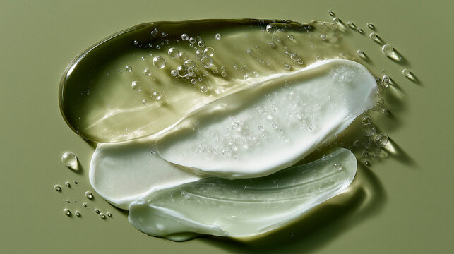 layered botanical skincare gel and moisturizing cream textures on a soft olive background concept of hydration cosmetic formulation and modern skin care products